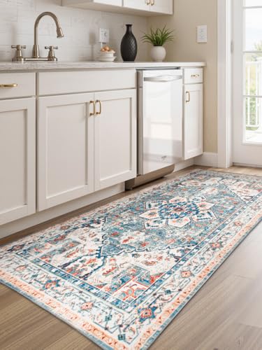 Area Rug 2x6 Hallway Runner Rugs,Non Slip Machine Washable Hallway Runner Rug Soft Bedroom Rug, Low PileLightweight Rugs for Entryway, Hallway, Kitchen and Corridor - color: Light Blue/Cream/Red, size: 2' x 6' (Rectangular)