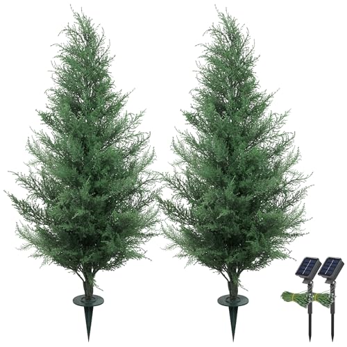 36Inch Artificial Trees for Outdoors,Artificial Cedar Shrubs for Porch with Lights,Faux Cedar Trees Set of 2 for Outdoor/Indoor Decor Greenery Around The Year - size: 3ft
