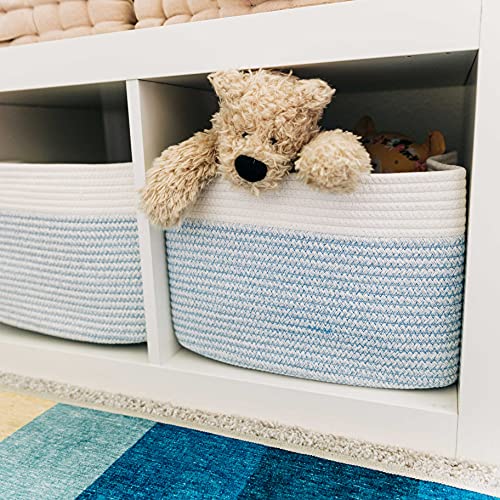 OrganiHaus Cotton Rope Baskets for Shelves, Set of 3, 15x9x10 - color: Blue / Off-White
