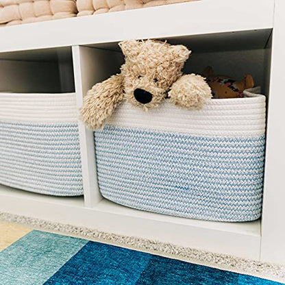 OrganiHaus Cotton Rope Baskets for Shelves, Set of 3, 15x9x10 - color: Blue / Off-White