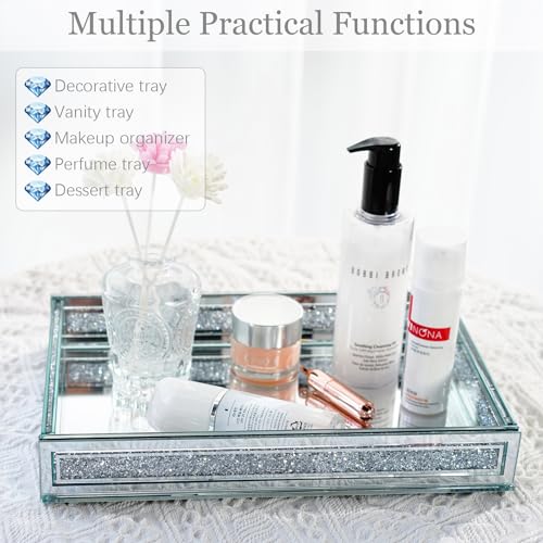 Crush Diamond Mirror Perfume Tray, Silver Glass Mirror Trays for Vanity - color: Clear,rectangular
