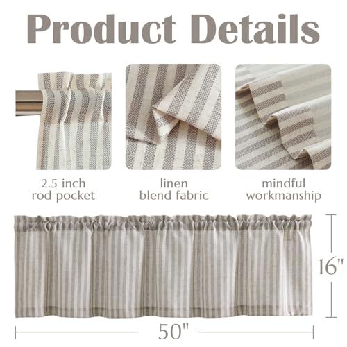 jinchan Linen Boxter Stripe Valances for Window 16 inch,Taupe Grey,1 Panel - color: Boxter Stripe | Taupe Grey on Linen, size: 50"W x 16"L (Pack of 1)