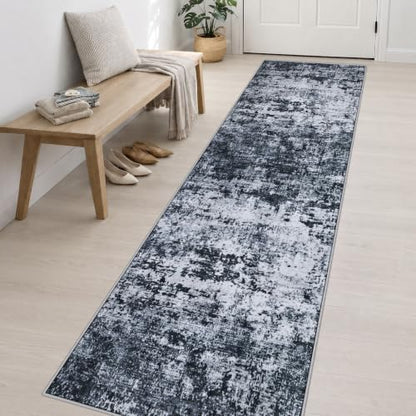 2.6x14 Washable Runner Rug:Modern Abstract Indoor Carpet Black - color: Black, size: 2'6" x 14' (Rectangular)