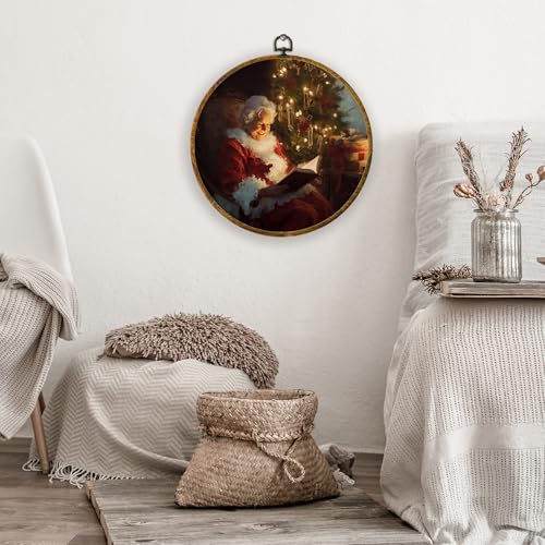 XPH Christmas Mrs Claus Reading Round Wall Art Framed, Christmas Circle Wall Decor, Retro Winter Santa Claus Xmas Hanging Canvas Prints for Home Bedroom Reading Room Decoration, 10x10 Inch - color: Christmas 29