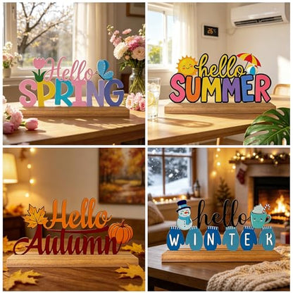 Interchangeable Seasonal Decor Metal Table Sign Set with Wooden Base