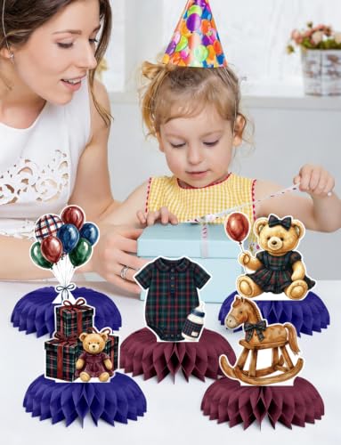 Teddy Bear Baby Shower Table Decorations, Tartan Plaid Centerpieces - style: Retro Bear