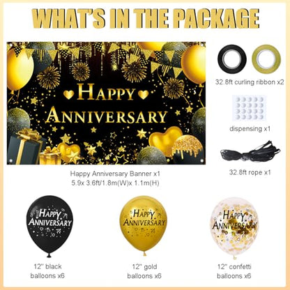 Happy Anniversary Decorations Kit - 5.9x3.6Ft Banner & 18PCS Balloons, Black & Gold Backdrop for Wedding, Party Supplies - Men & Women