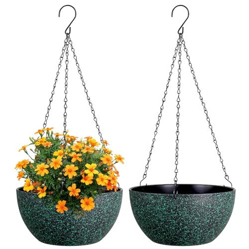 Meowell 10 inch Hanging Planters for Indoor Outdoor Plants, 2 Pack Hanging Flower Pots with Drainage Holes and Chain for Garden, Plastic Hanging Baskets for House Plants, Black with Green Speckles - color: Black With Green Speckles, size: 10inch 2pcs