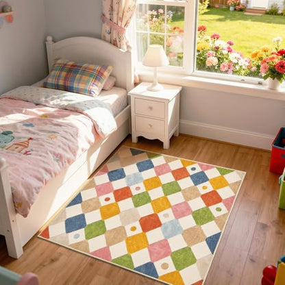 jinchan 4x4 Square Rug Washable Kids Rug Colorful Checkered Play Mat - color: Diamond Circus, size: 4' x 4' (Square)