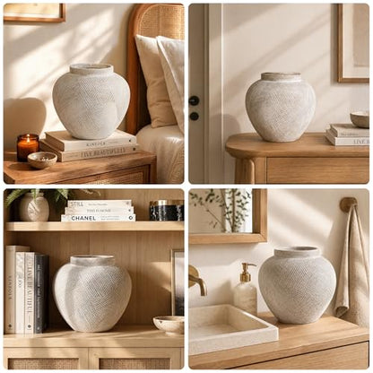 DREAMLOOM 9.3 Inch Flat Ceramic Flower Vase, Cream Grey - color: Flat-9.3" Antique White