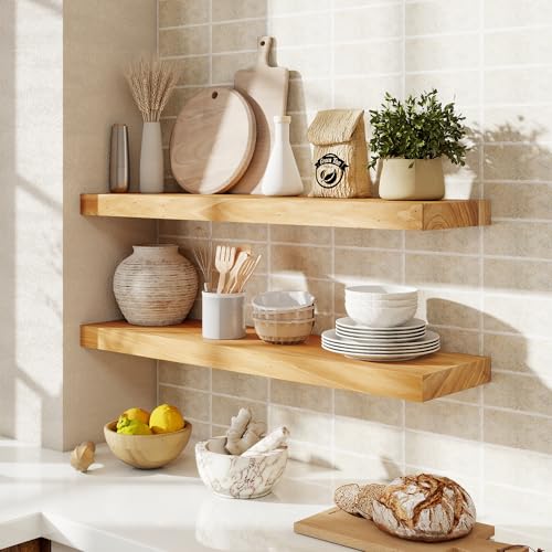 fuqing Floating Shelves for Wall, 30 Inch Rustic Solid Elm Wood Shelves - color: Natural Elm Flat Edge - 6.7"d, size: 30"L - 2Packs