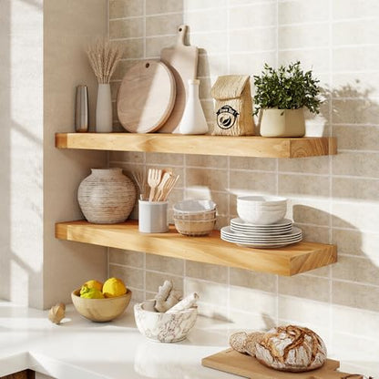 fuqing Floating Shelves for Wall, 30 Inch Rustic Solid Elm Wood Shelves - color: Natural Elm Flat Edge - 6.7"d, size: 30"L - 2Packs