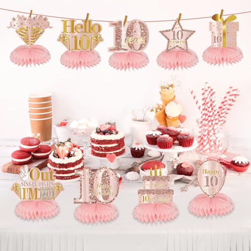 Turypaty Happy 10th Birthday Honeycomb Table Centerpieces Decorations Girls - style: Pink Rose Gold 10th