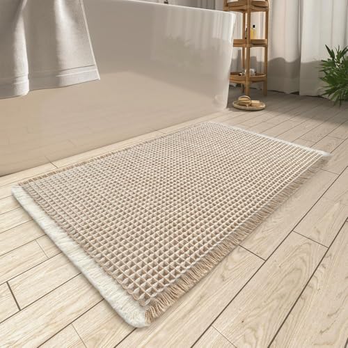 Upgraded Waffle Bath Mat Ultra Absorbent Non Slip Bathroom Mat, 20" x 32" - color: Brown & Cream, size: 20" x 32"