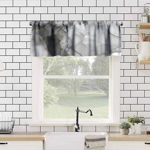 Luxury Marble Valance, Luxury Abstract Fluid Art Painting Black Gray Gold Stone Texture Blackout Short Window Curtain Treatment for Kitchen Cafe Bedroom Living Room, 54x18inch - color: Marble-16