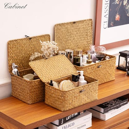 Nonam Wicker Storage Basket with Lid,Seagrass Shelf Basket Set of 3,Nautral - color: Standard Natural* Set of 3