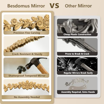 Besdomus Large Gold Arched Mirror: 48"x33" French Baroque Wall Mirror - size: 33"L x 48"W