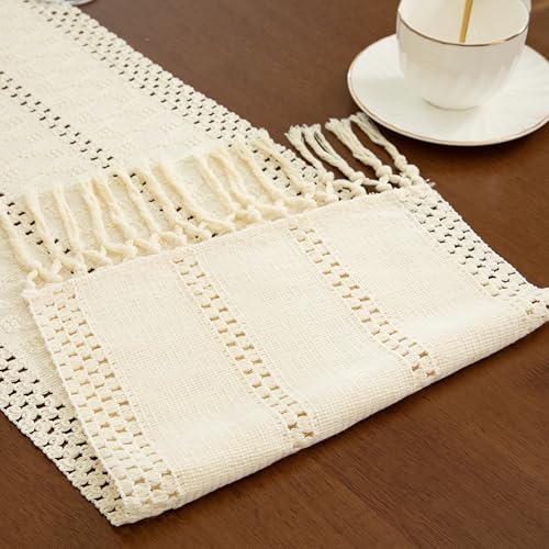 Boho Cream Table Runner, 12x36 Inches - color: Cream, size: 12" x 36"