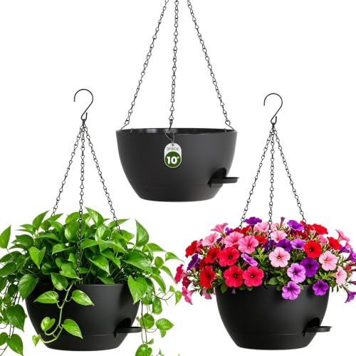 10 Inch Self-Watering Hanging Planters Set of 3 with Saucers - color: Black, size: 10 Inch 3 Pack