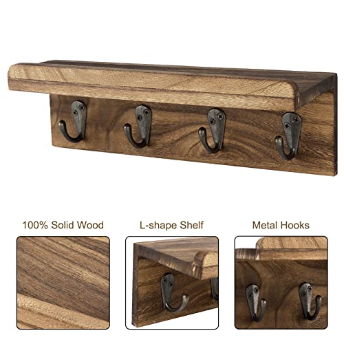 Key Holder Wall Mount, Farmhouse Wall Shelf with 4 Hooks for Entryway - color: Brown