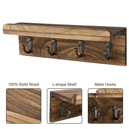 Key Holder Wall Mount, Farmhouse Wall Shelf with 4 Hooks for Entryway - color: Brown