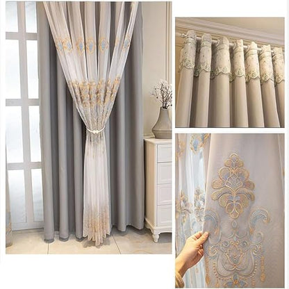 Amidoudou 1 Pair European Curtains with Valance Attached Double Layer Curtains for Living Room Bedroom (Grey,51x84 Inch) - color: Grey, size: 51"W x 84"L (Pack of 2)