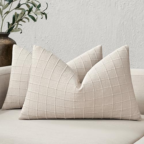 ZeeMart 2Pk Heavy Weight Artisanal Grid Pillow Covers 12x20in Neutral Beige - color: Beige, size: 20" x 12" (Pack of 2)