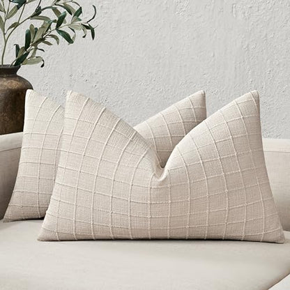 ZeeMart 2Pk Heavy Weight Artisanal Grid Pillow Covers 12x20in Neutral Beige - color: Beige, size: 20" x 12" (Pack of 2)