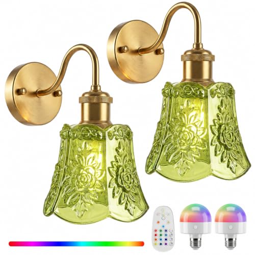 YUNICE Rechargeable Wall Sconces Set of 2 Battery Operated Wall Sconce with Remote Control Dimmable Cordless Wall Lamp with Green Glass Lampshade Antique Brass Wall Lights for Bedroom Living Room - color: Green