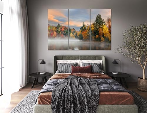 Nature Wall Art Prints - Ocean Forest Mountain Lake Canvas Landscapes - Small to Extra Large Living Room Bedroom Kitchen Bathroom Décor (Misty Fall Reflection, 31"L x 47"W - 3 Panels) - color: Misty Fall Reflection, size: 31"L x 47"W - 3 Panels