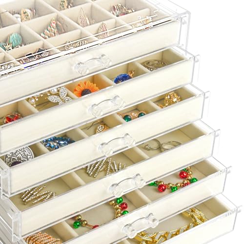 Watpot Acrylic Jewelry Box Organizer and Storage 6 Drawer for Earring Display Tray - color: Beige 6 Layers