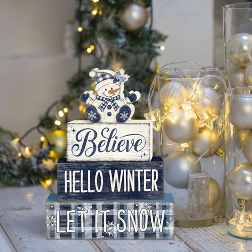 Britimes Tiered Tray Decor Set, 4 Pack, Wooden Table Sign, Snowman Winter - style: Christmas Snowman