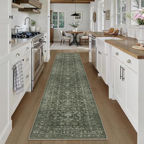 2x10 Washable Kitchen Runner Rug Soft Vintage Dark Green Throw Carpet - color: Dark Green, size: 2' x10' (Runner)