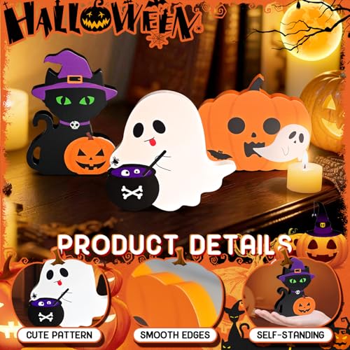 Cute Halloween Decorations Indoor, 3 PCS Wooden Ghost Pumpkin Halloween Decor for Home Table Office Desk Tiered Tray Party Shelf Display Mantle Kitchen Room Spooky Decorations - style: GhostPumpkinCat
