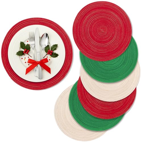 Potchen 6 Set Christmas Round Cotton Woven Placemats 15 Inch,Classic