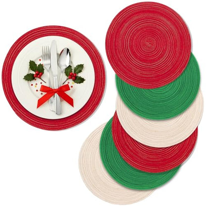Potchen 6 Set Christmas Round Cotton Woven Placemats 15 Inch,Classic
