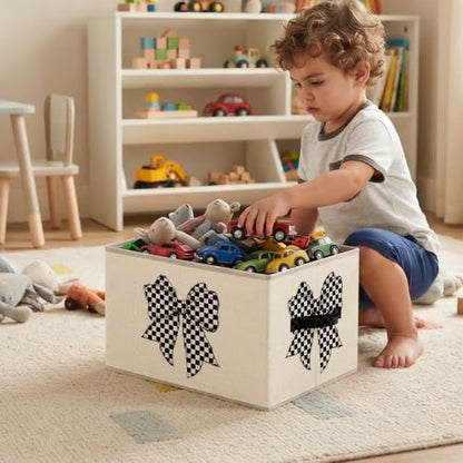 Black and White Checkered Coquette Bow Storage Basket Organizer - color: White Checkered Bow