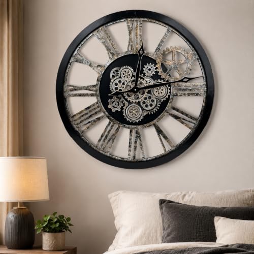 The B-Style Large Real Moving Gears Wall Clock, 30 inch, Black - color: Black and Bronze, size: 30 inch (76 cm)