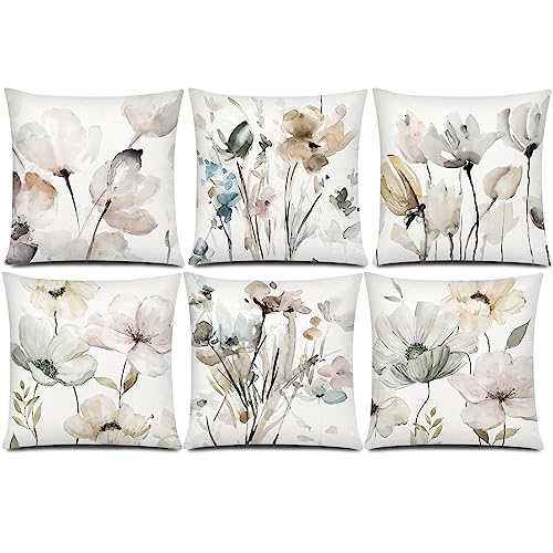 COMMINY Brown Grey Pillow Covers 16x16 Set 6 Watercolor Flower Cover - color: Modern Flower, size: 16" x 16" (Pack of 6)