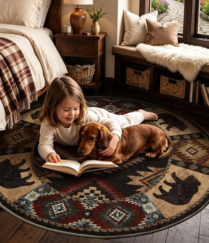 YIHOUSE 세탁 가능한 웨스턴 캐빈 라운드 러그, 1.2m(4피트) - color: 곰, size: 4' (Round)