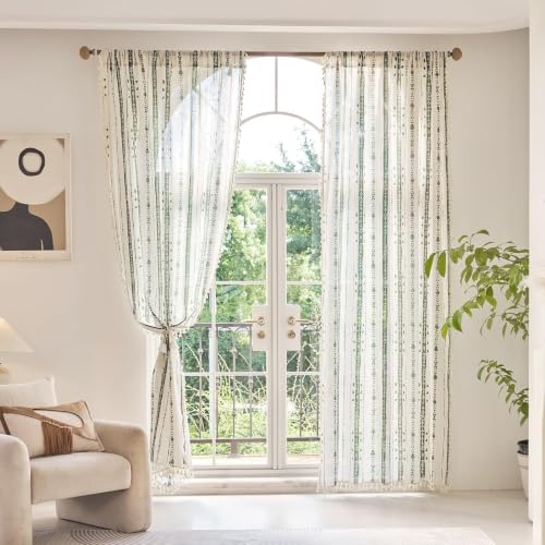 Green Boho Curtains for Living Room with Tassel 63 Inch 2 Panels - color: T-green, size: 52"W x 63"L (Pack of 2)