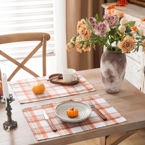AQOTHES Fall Plaid Placemats Set of 4 Orange White Checked Table Mats 12×18 - color: Orange White
