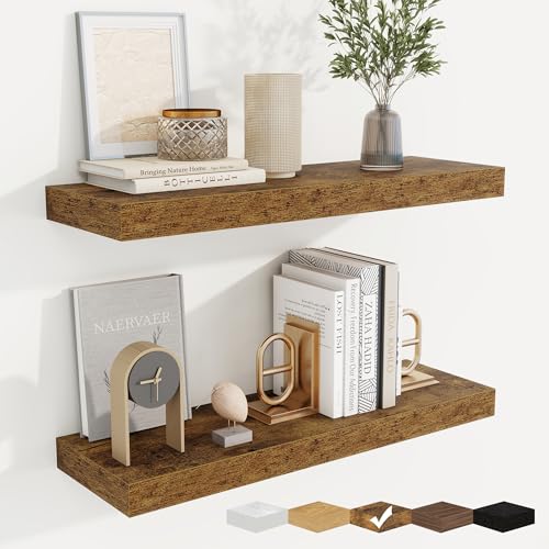 Floating Shelves for Wall, Wall Mounted Wood Shelves, Brown, Set of 2, 24in - color: Rustic Brown, size: 24"W x 6.5"D , 2 Pack
