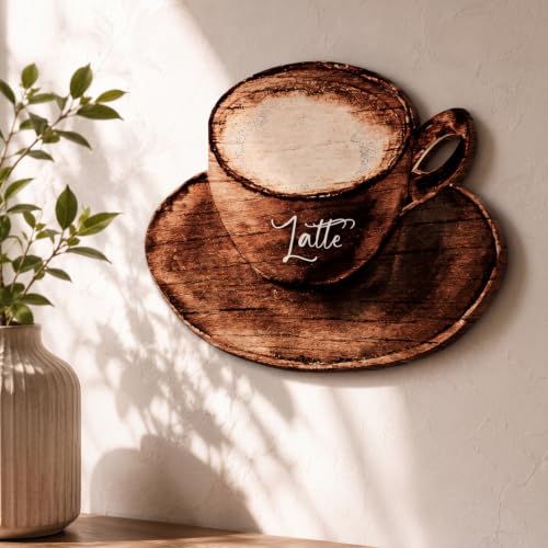 Blulu 3 Pcs Coffee Cup Wooden Wall Art Decor with Metal Hook for Kitchen