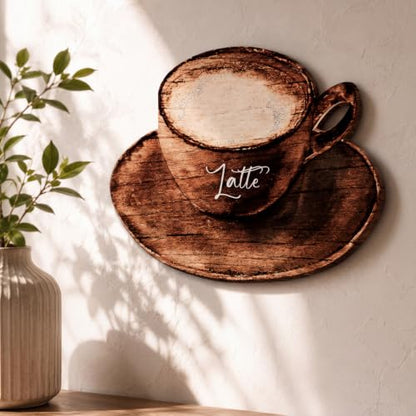 Blulu 3 Pcs Coffee Cup Wooden Wall Art Decor with Metal Hook for Kitchen