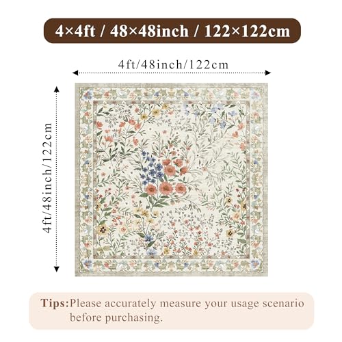 4x4 Square Entry Rug Foyer Entryway: Non-Slip Floral Washable Rugs for Indoor Floor Living Room Kitchen Bedroom - Soft Thin Doormat Carpet Boho Vintage Home Decor (4ft Square, Beige) - color: Beige, size: 4x4