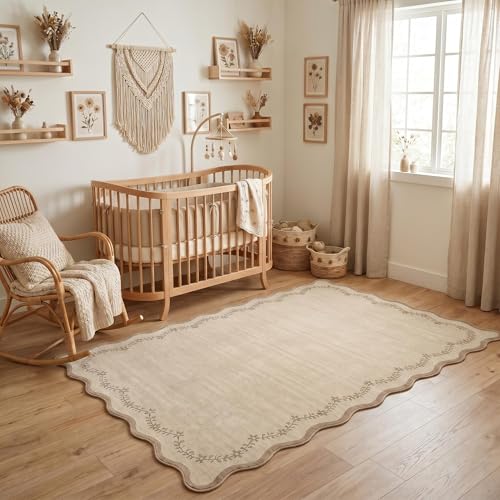 GarveeHome 4x6 Scalloped Washable Area Rug Jute Nursery Kids Bedroom Rug - color: Jute, size: 4' x 6' (Rectangular)