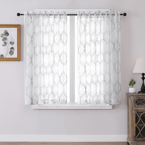VISIONTEX White Sheer Curtains Grey Moroccan Embroidered 54 Inch Length - color: Moroccan-grey, size: 54"W x 54"L (Pack of 2)