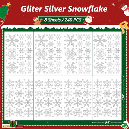 LUDILO 240Pcs Christmas Window Clings Glitter Snowflakes Window Decals - color: Glitter