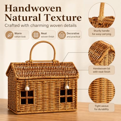 Rattan House Shape Storage Basket with Lid, Small Doll House, Decorative Hand Woven Shelf Organizer with Handle, Natural Harvest Wicker Basket for Picnics, Organizing, Storage (A, 1) - style: A